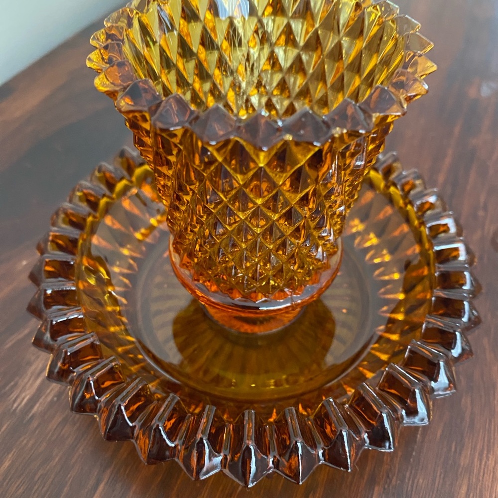 Indiana Glass • Diamond Point • Amber • Two-Piece Candle Holder - Picture 5 of 6